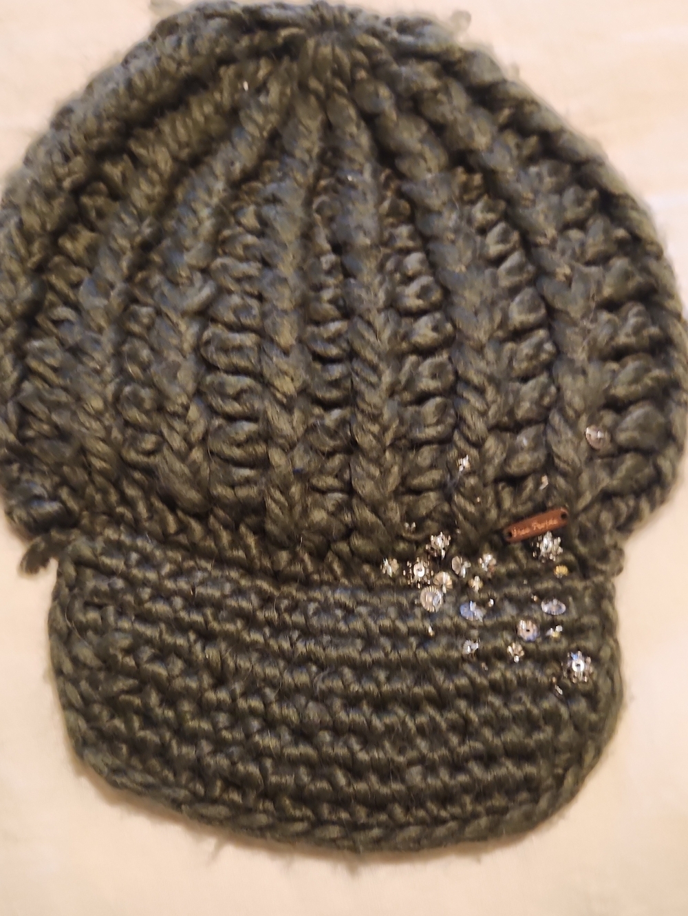 Free People Chunky Knit Visor Beanie with Rhinestone Detail - Dark Olive